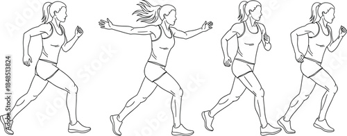 Female runner motion sequence line art illustration, athletic woman jogging sprinting poses, fitness training anatomy study, minimal outline vector design, exercise, sports, speed, movement