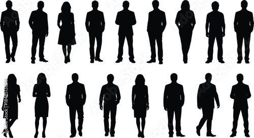 Business people silhouettes set, male female standing walking poses, professional workforce figures isolated, corporate teamwork diversity concept illustration for modern office marketing design use