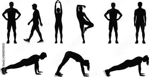 Fitness exercise silhouettes set showing walking stretching yoga balance push up plank workout poses isolated on white background vector illustration healthy lifestyle training concept