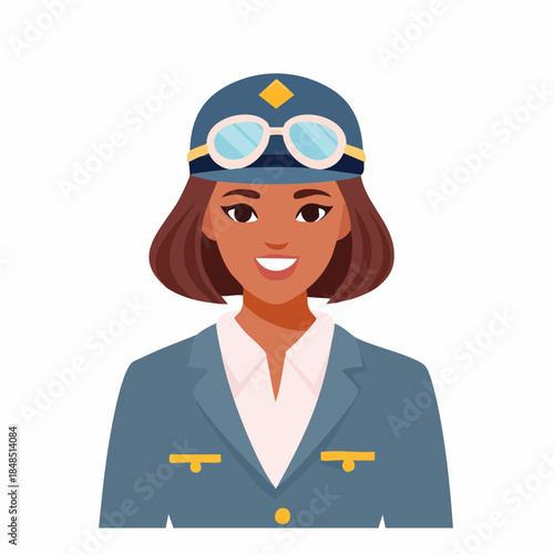 Smiling Female Pilot Wearing Aviator Hat and Goggles.