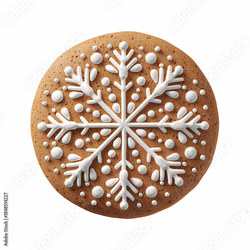Realistic round gingerbread cookie with white snowflake icing, Christmas dessert isolated on transparent background.