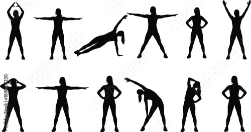 Fitness exercise silhouette set, stretching workout poses, full body warm up routine, yoga training movements, healthy lifestyle concept, isolated black human figures