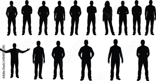 Male human silhouettes standing poses set, business people outline figures, black shadow men collection isolated on white background for design presentation infographic advertising illustration