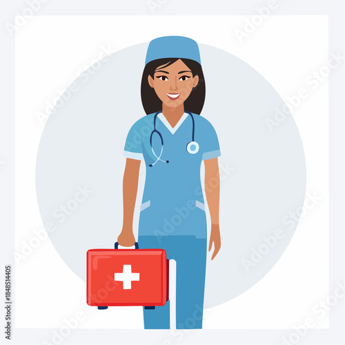 Smiling Nurse with First Aid Kit in Blue Uniform.
