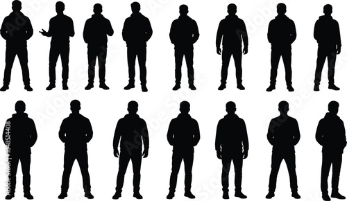 Set of standing male silhouettes, different poses, full body people icons, black human figures isolated on white background, collection design, vector illustration concept pack