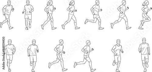 Running people motion sequence line art illustration showing male and female joggers in multiple poses for fitness sport animation design concept vector outline set