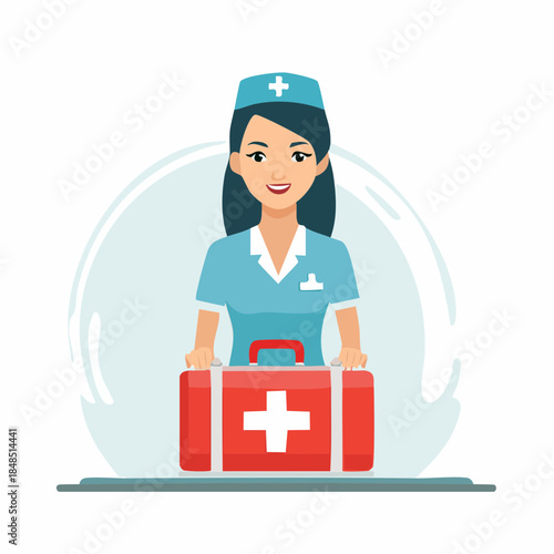Smiling Nurse with First Aid Kit Medical Professional Illustration.