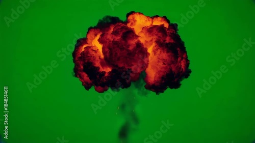 Massive fiery explosion mushroom cloud erupting dramatically upwards against a solid vibrant green screen background for easy editing and compositing