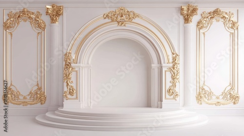 Empty white stage with golden baroque elements on a wall for product display