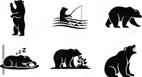 Black silhouettes of bears and a wolf in various poses