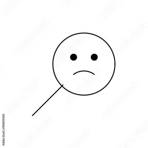 Sad Face Magnified Under Magnifying Glass, Black and White Illustration