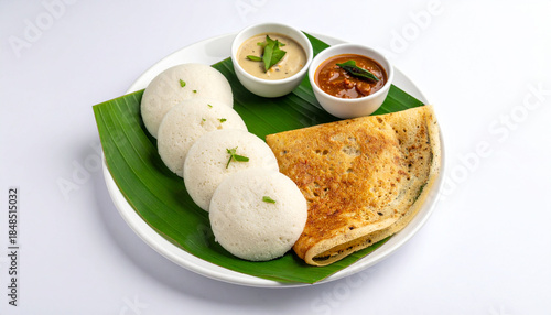 Ghee roast Dosa and Idli on White Background