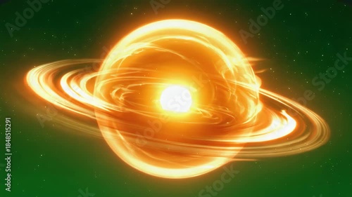 Brilliant glowing orange star system with swirling energy rings set against a dark green deep space background illustration
