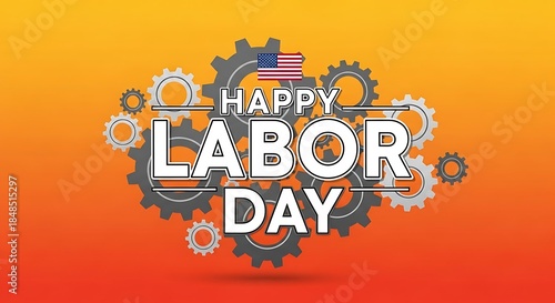 A vibrant, celebratory graphic with text on an orange gradient background. Gears, a waving flag, and layered text