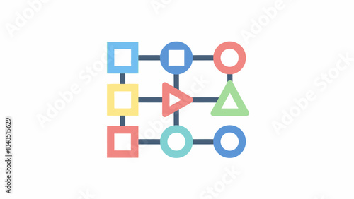 Colorful Abstract Network of Geometric Shapes Connected by Lines Illustrating Data Flow and