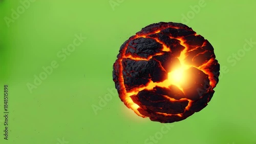 Fiery cracked magma sphere or abstract exploding planet rendering floating against a vibrant lime green background with copy space