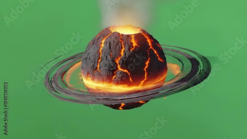 Fiery volcanic planet with glowing magma and dark rings erupting smoke isolated on a vibrant green screen background for visual effects