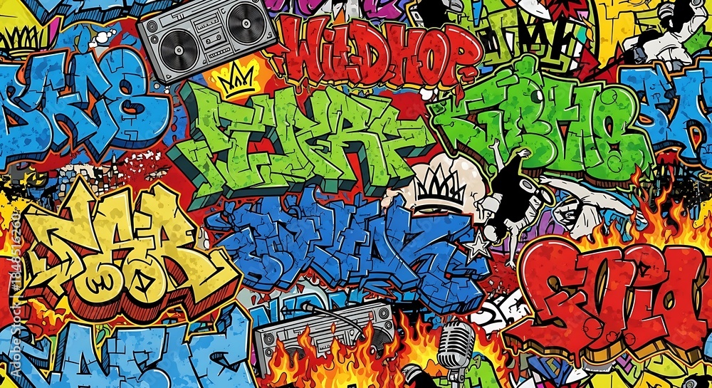 Fototapeta premium A vibrant, chaotic mural showcasing colorful graffiti art. Overlapping text, bold lines, and various styles make for an urban art display