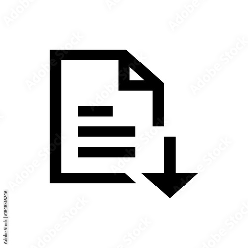 Download Document Icon, Black and White File Download Symbol
