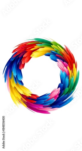 A vibrant, circular composition made of colorful, feather-like elements. Shades of red, blue, yellow, and purple are arranged in a ring