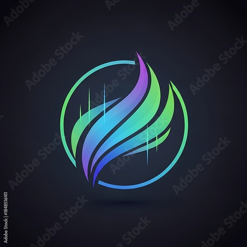 A vibrant, circular design featuring layered, flowing forms in shades of green, blue, and purple, encased by a glowing circle