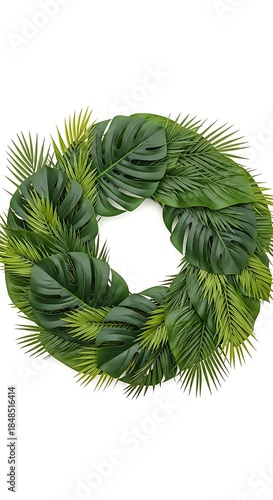 A vibrant, circular arrangement of lush, tropical leaves. The verdant foliage is layered against a bright white background