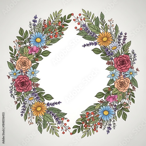 A vibrant circular floral arrangement, intricately detailed, with roses, daisies, and lavender, forming a decorative border