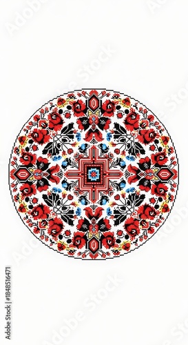 A vibrant, circular floral design showcasing a symmetrical arrangement of red, black, and white blooms with blue accents. The design is central