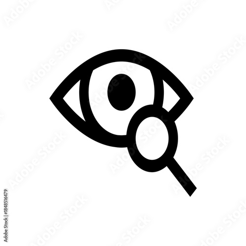 Black and White Eye Icon with Magnifying Glass, Surveillance, Inspection, and Observation Symbol