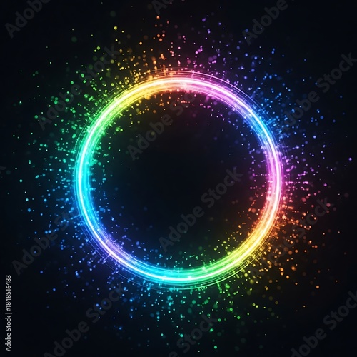 A vibrant, circular frame glows with rainbow colors and surrounded by sparkling particles on a black background
