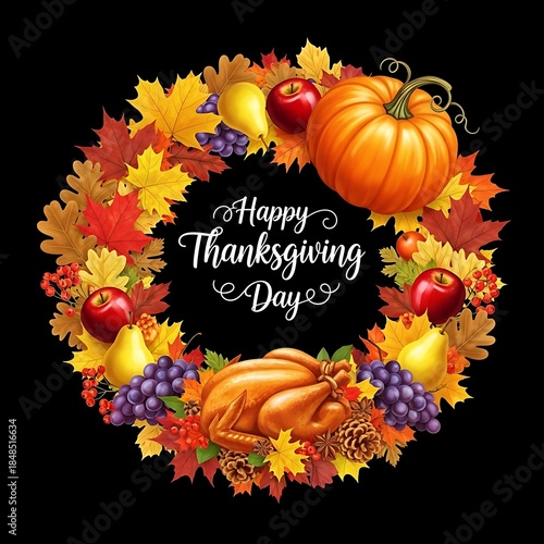 A vibrant, circular Thanksgiving arrangement featuring autumnal leaves, fruits, a pumpkin, roasted turkey, and the phrase 