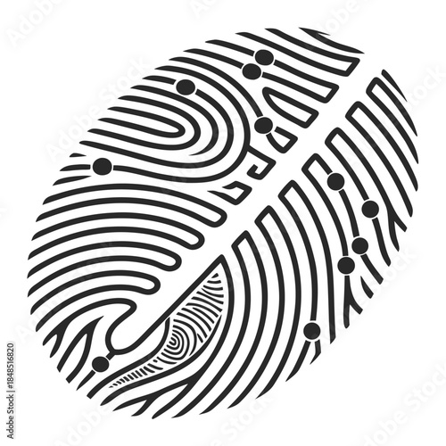 Stylized black fingerprint with dots and lines on white background thumbprint finger print
