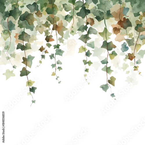 Hanging vines and leaves in a lush, natural setting viewed from below