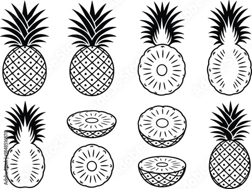 Black and white of pineapples and pineapple slices
