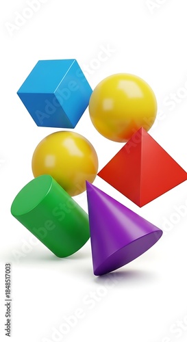 A vibrant, close-up arrangement of geometric forms in primary and secondary colors against a pure white background. The objects are 3D and glossy