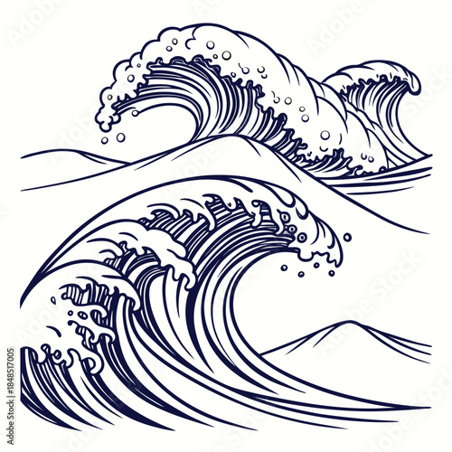Stylized Japanese wave illustration with dark blue outlines on a white background Keywords: wave, ocean, sea, water, nature, storm, surf, surfing