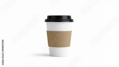 Isolated coffee cup on a white background, showcasing a minimalist design with a black lid and a brown cardboard sleeve for insulation.