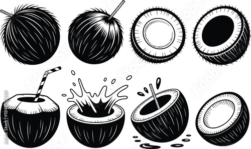 Black and white of coconut cutting and drinking process