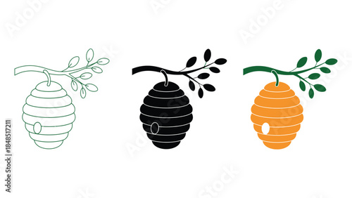 Beehive icons in black, white and orange color schemes