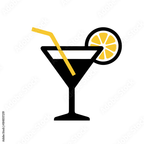 Black cocktail glass with yellow straw and lemon slice icon, representing refreshment and enjoyment
