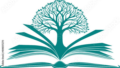 Stunning teal tree grows from open book pages naturally