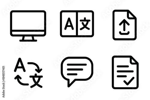 Language Tool Icons. Online Language Tools linear set: screen panel, dual-language selector, upload document icon, translation arrow, glossary bubble, result sheet.