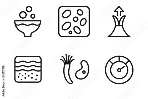 Vent Ecosystem Icons. Vent Ecosystem Dynamics linear set: nutrient hotspot icon, microbe colony tile, vent flow arrow, mineral layer patch, symbiotic organism symbol, habitat gauge