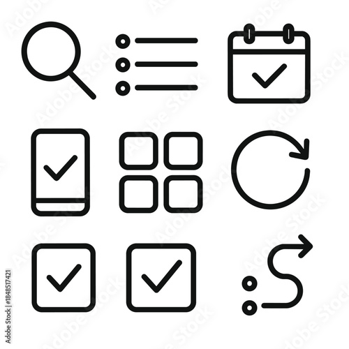 Digital Organization Icons. Consistent Digital Practice linear set: focus lens, tidy list, scheduled marker, progress arc, digital cue, organized tiles, habit check, guided path.