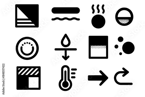 Bold Phase Icons Set. Phase Interaction Structures silhouette set: phase-change tile, melt-front bar, vapor plume node, condensation arc ring, solidification marker, deposition