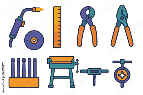 Fabrication Tools Icons. Fabrication equipment flat set: welding torch, metal ruler, cutting disc, vise grip, punch set, bending brake, tap wrench, die holder.
