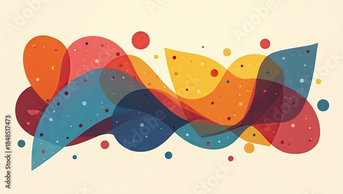 Playful composition features layered, translucent organic shapes in vibrant colors of red, orange, yellow, and blue, adorned with speckled details on a cream background.