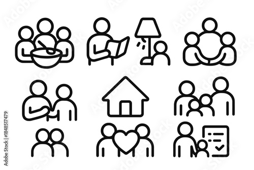 Family Care Icons. Family Care Roles linear set: shared meal bowl, storybook, warm lamp, togetherness circle, supportive gesture, home symbol, bonding heart, daily routine card.