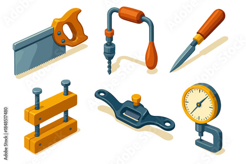 Woodcraft Tool Icons. Classic Woodcraft Kit flat isometric set: dovetail saw, brace drill, marking knife, wooden clamp, spokeshave, craft precision dial.