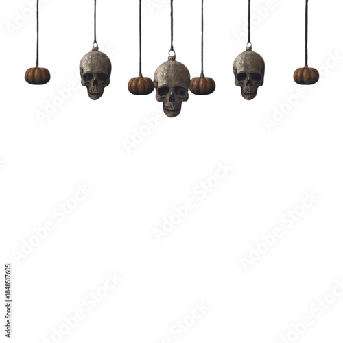 Skulls and pendulums hanging from above in a minimalist white environment viewed from the front